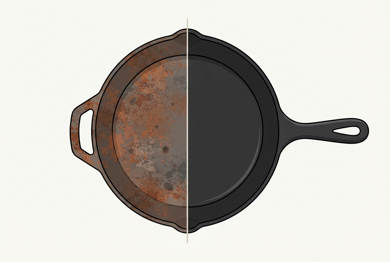 Illustrated before-and-after diagram of a cast iron skillet showing rust and a seasoned surface