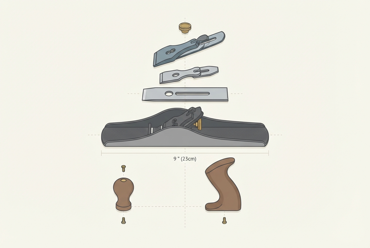 Illustrated exploded diagram of a vintage hand plane showing the blade, frog, sole, and adjustment knob