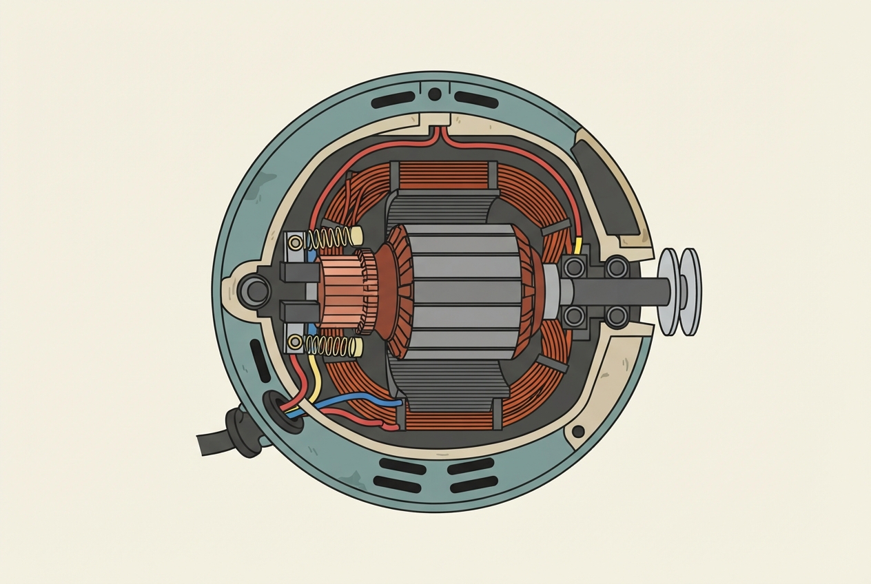Illustrated diagram of a vintage sewing machine motor showing brushes, wiring, and the motor housing