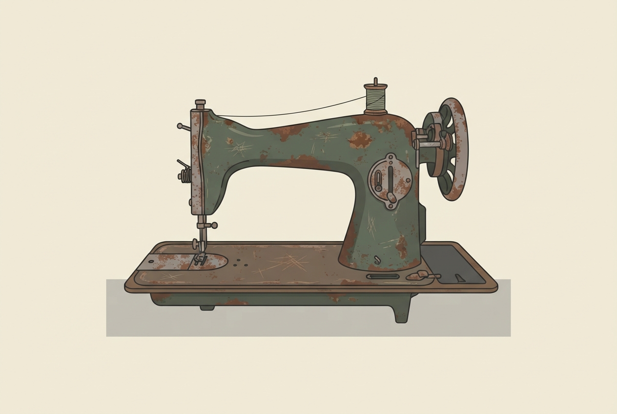 Illustrated diagram of a vintage sewing machine showing rusted metal surfaces on the body and bed plate