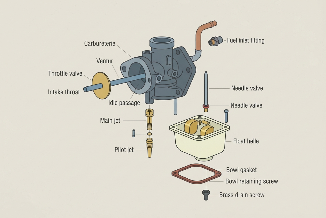 Illustrated exploded diagram of a vintage outboard carburetor showing the float bowl, jets, and needle valve
